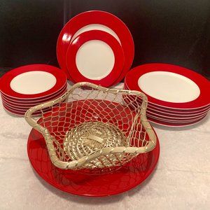 Crate & Barrel Red Band Dinner Plate (8), Salad/Sandwich Plate (8); Lrg Serve Pl